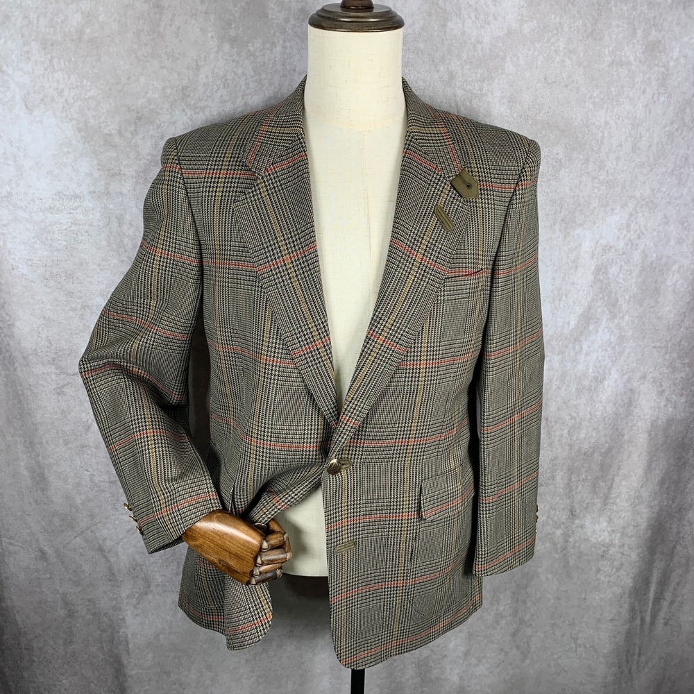 Daks London Blazer Jacket Men 40R Houndstooth Windowpane Gold Button Sport Coat - Picture 2 of 16